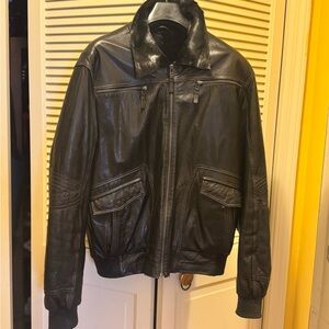 Kiton Black Leather Bomber Jacket